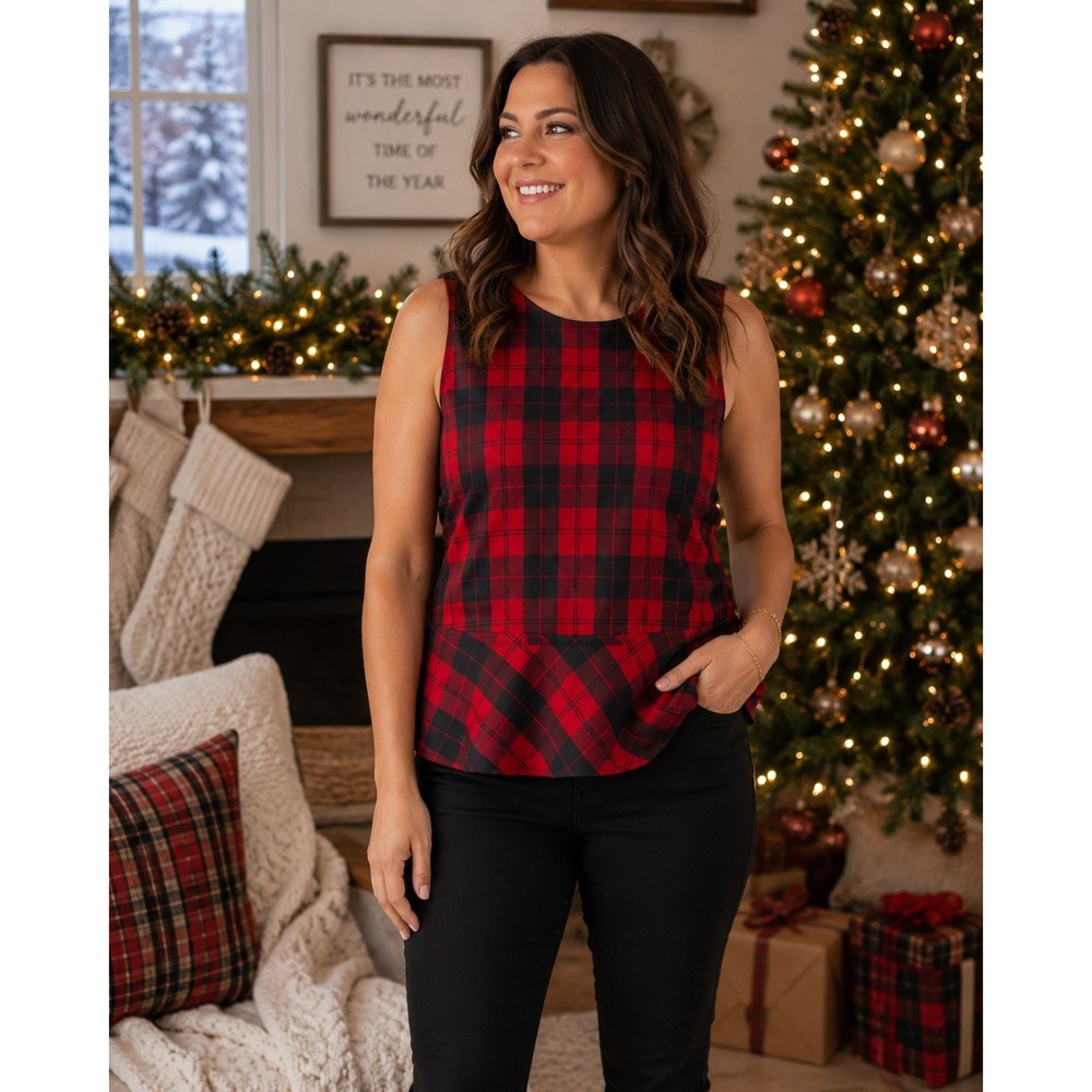 Talbots Red Black Plaid Peplum Top Womens 14 Petite Sleeveless Holiday Christmas